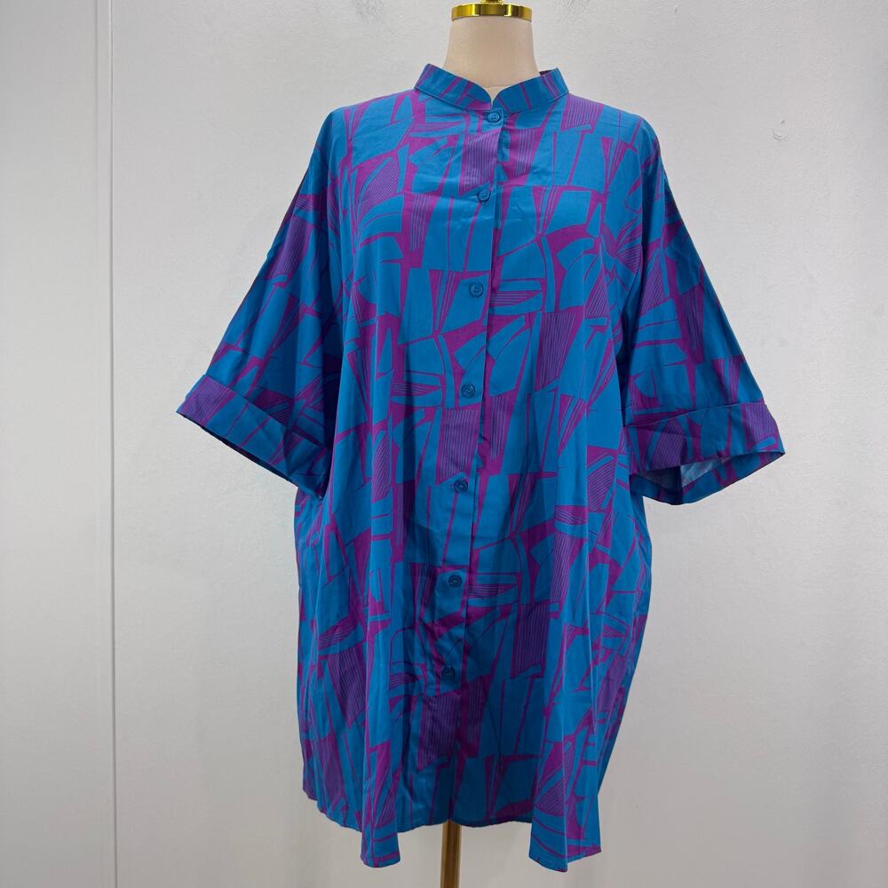 NWT Marina Rinaldi Cotton Poplin Button Up Shirt Blue Pink US 24 Artsy Old Money